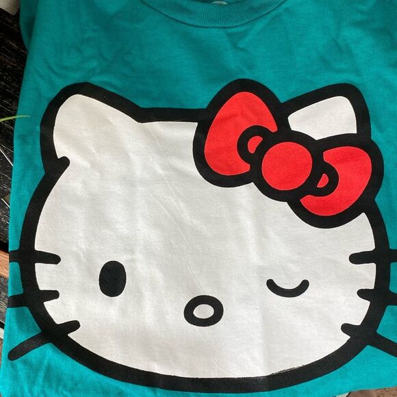 Hello Kitty Blue Graphic Print Long Sleeve Cropped Cotton T Tee Shirt L - Picture 4 of 6